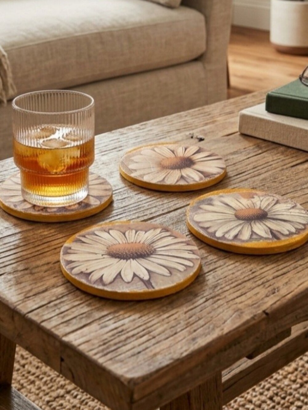 Handmade Vintage Style Daisy Wood Coasters - Set of 4
